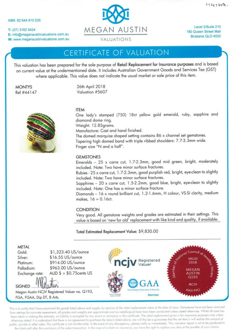 18ct Yellow Gold Emerald, Ruby, Sapphire & Diamond Dome Ring Val $9,830 Size N ½ #44147 18ct/18k Yellow Gold Emerald Ruby Sapphire & Diamond Ring Size N 1/2 #44147