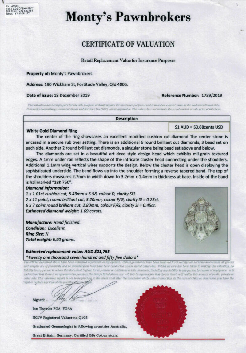 *New* 18ct White Gold 1.69ct Vintage Style Diamond Ring Val $21755 #43532 *NEW* 18CT 1.01CT VINTAGE STYLE WHITE GOLD DIAMOND RING + VAL $21755 #43532