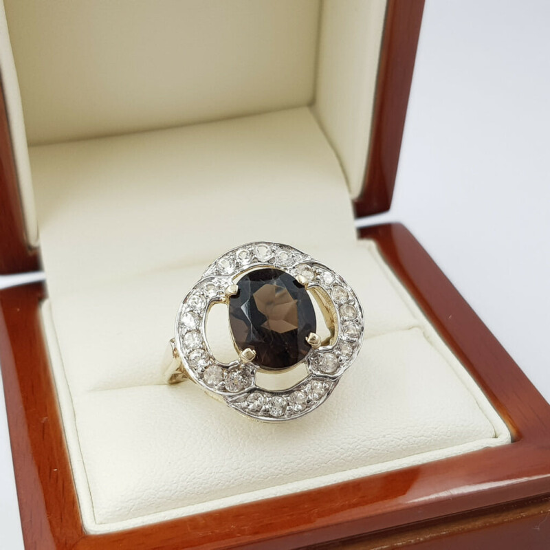 Sterling Silver Smokey Quartz & CZ Cocktail Ring Size N 925 #54996