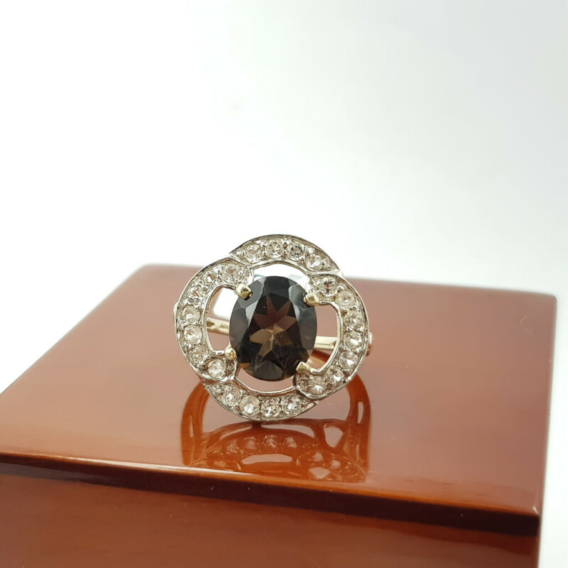 Sterling Silver Smokey Quartz & CZ Cocktail Ring Size N 925 #54996