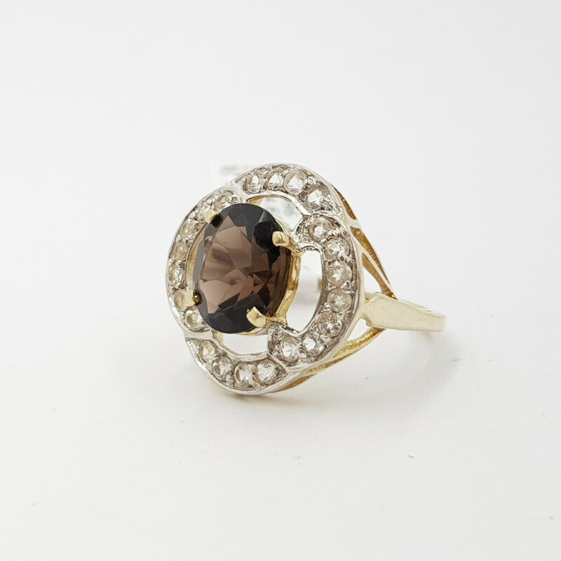 Sterling Silver Smokey Quartz & CZ Cocktail Ring Size N 925 #54996