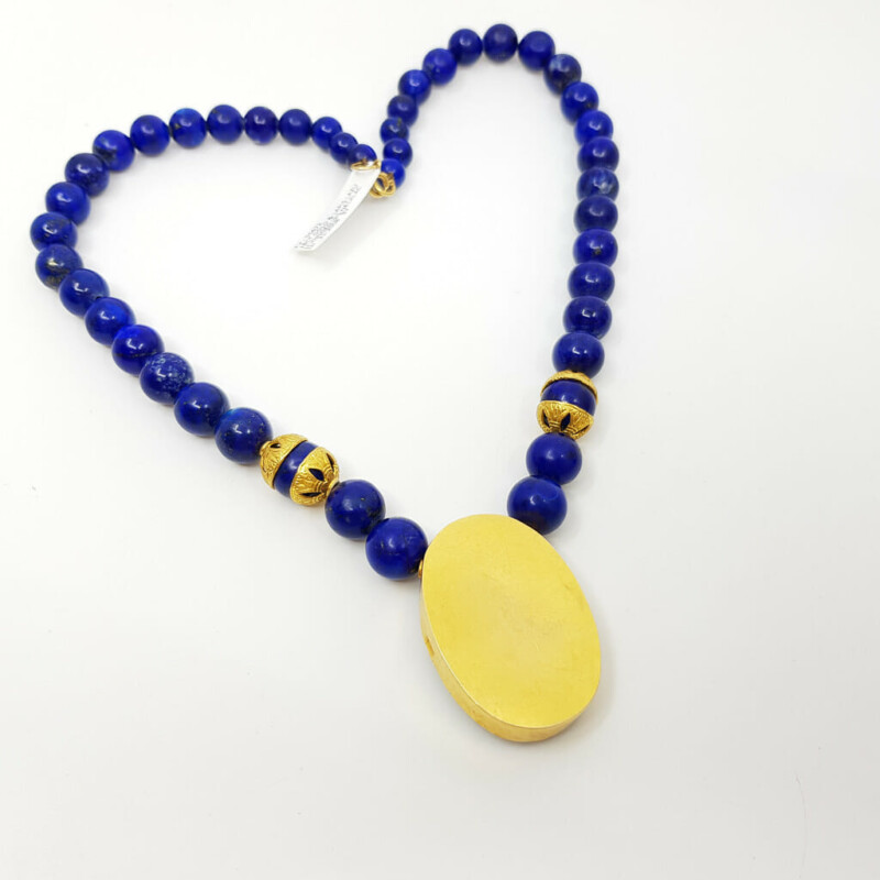18ct Gold Egyptian Isis Lapis Lazuli Beaded Necklace with Pendant #55672