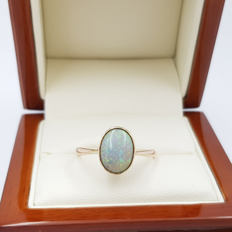 9ct Yellow Gold Opal Cabochon Solitaire Ring Val $2200 Size R 3/4 #55480