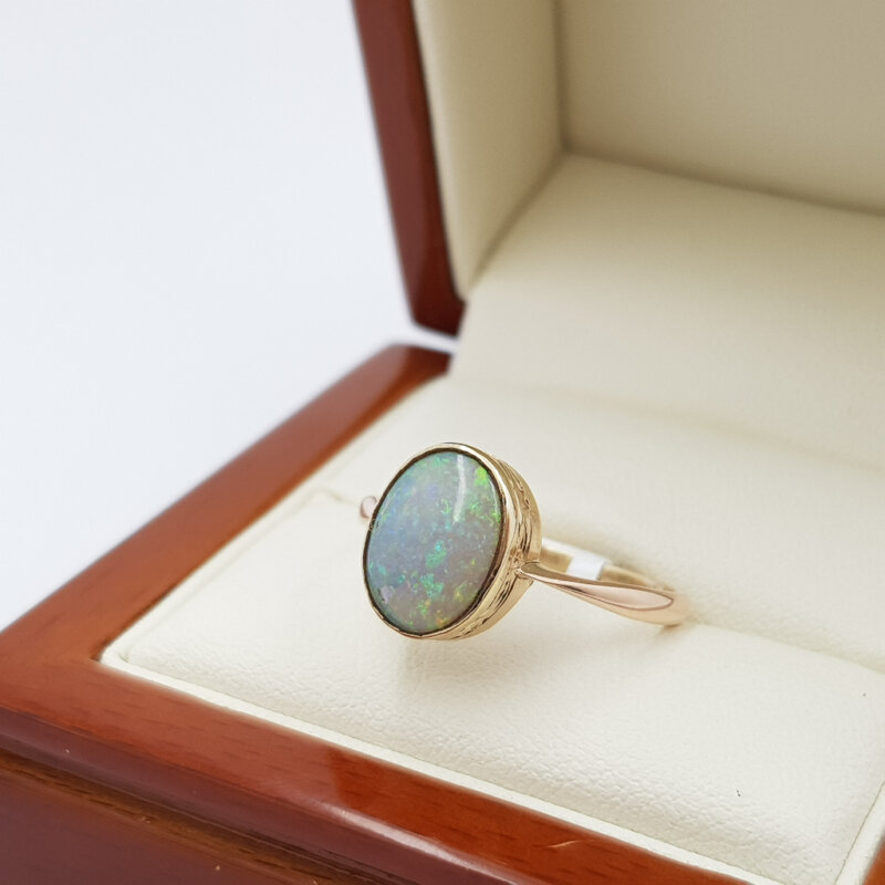 9ct Yellow Gold Opal Cabochon Solitaire Ring Val $2200 Size R 3/4 #55480