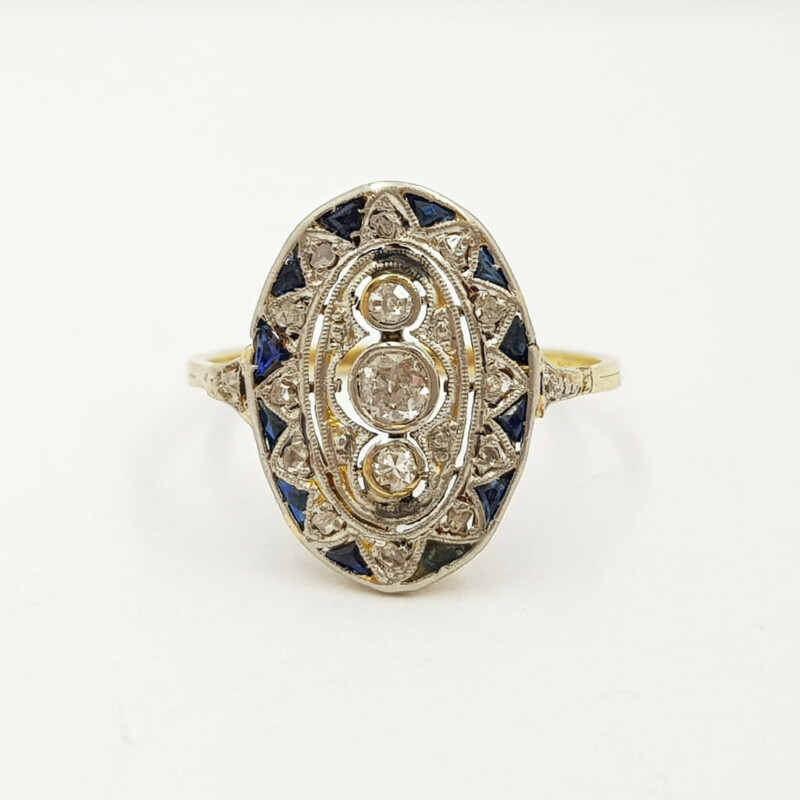 9ct Yellow Gold Art Deco Old Mine Diamond & Sapphire Ring Size L 1/2 Val $2950 #57614