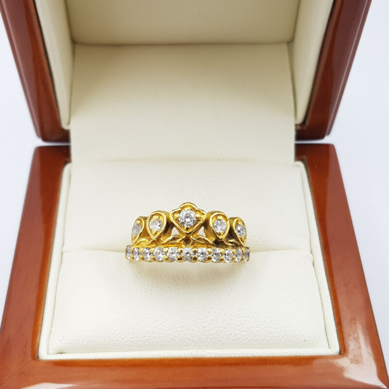 23ct Yellow Gold CZ Crown Shaped 1/2 Baht Thai Ring Size P #59468