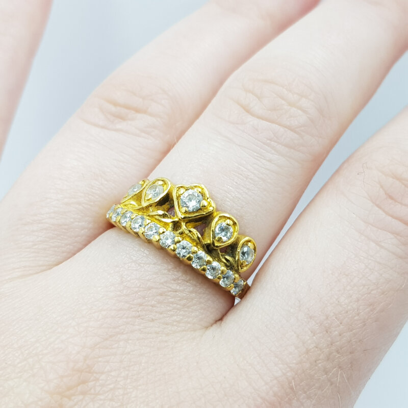 23ct Yellow Gold CZ Crown Shaped 1/2 Baht Thai Ring Size P #59468