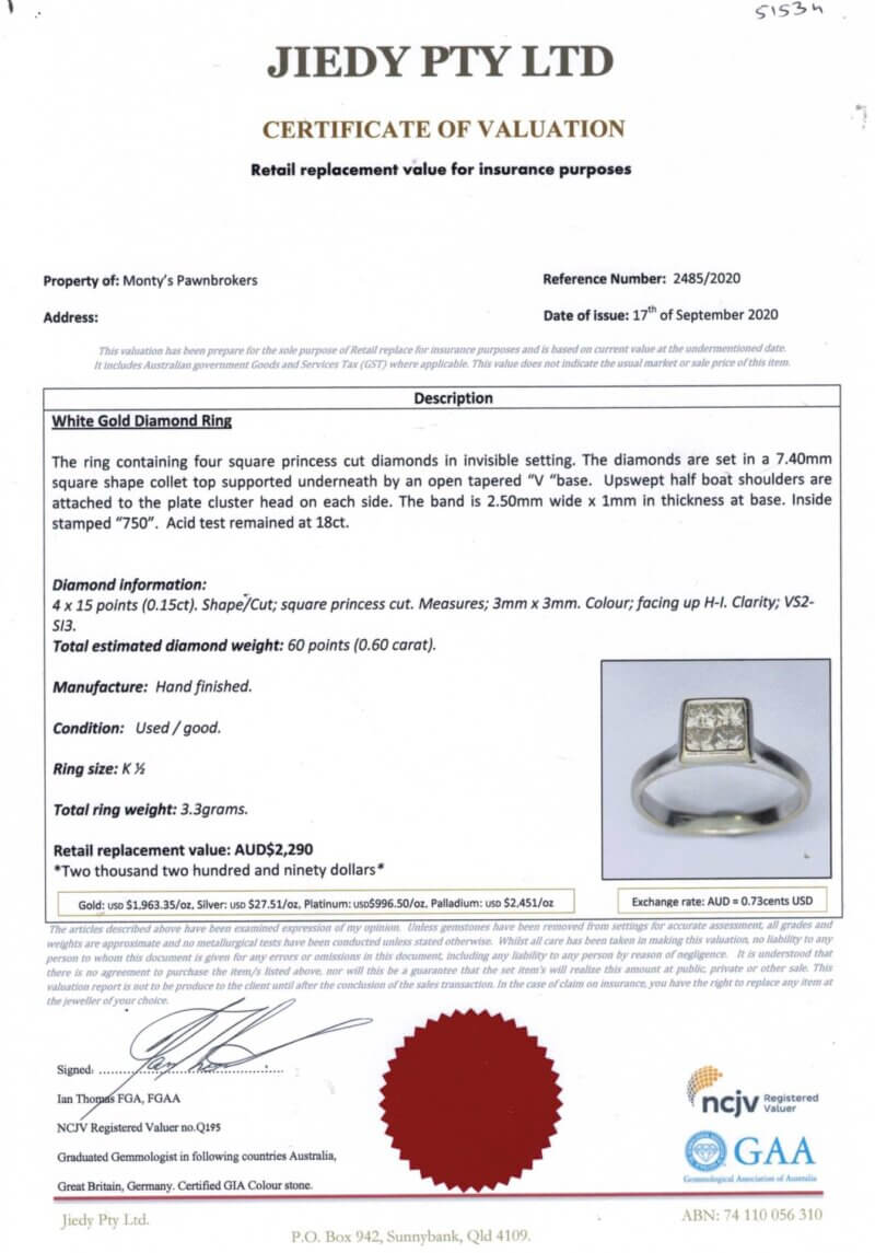 18ct White Gold 0.60ct Princess Cut Diamond Ring Size K 1/2 Val $2290 #51534