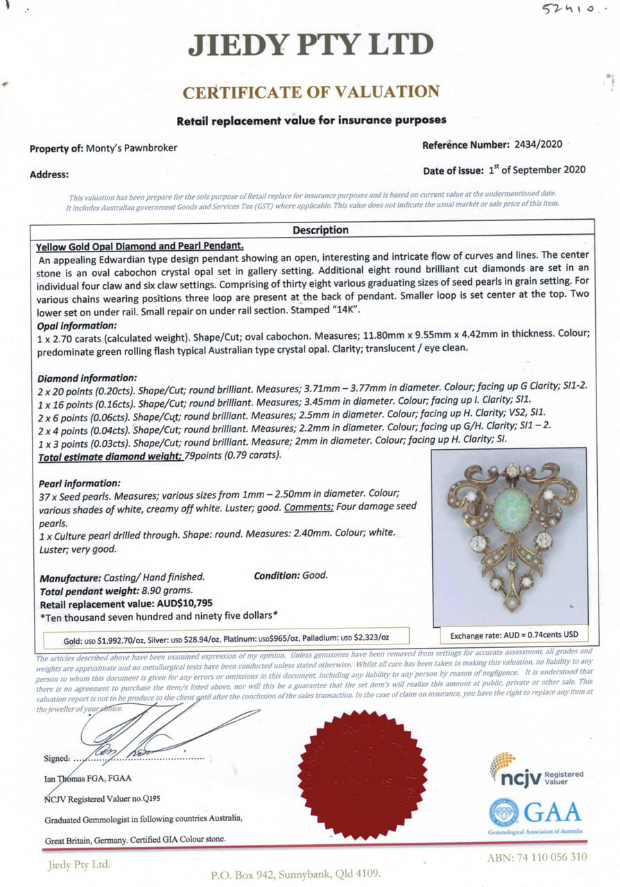 14CT 8.9GR YELLOW GOLD EDWARDIAN OPAL DIAMOND & PEARL PENDANT VAL $10795 #52410