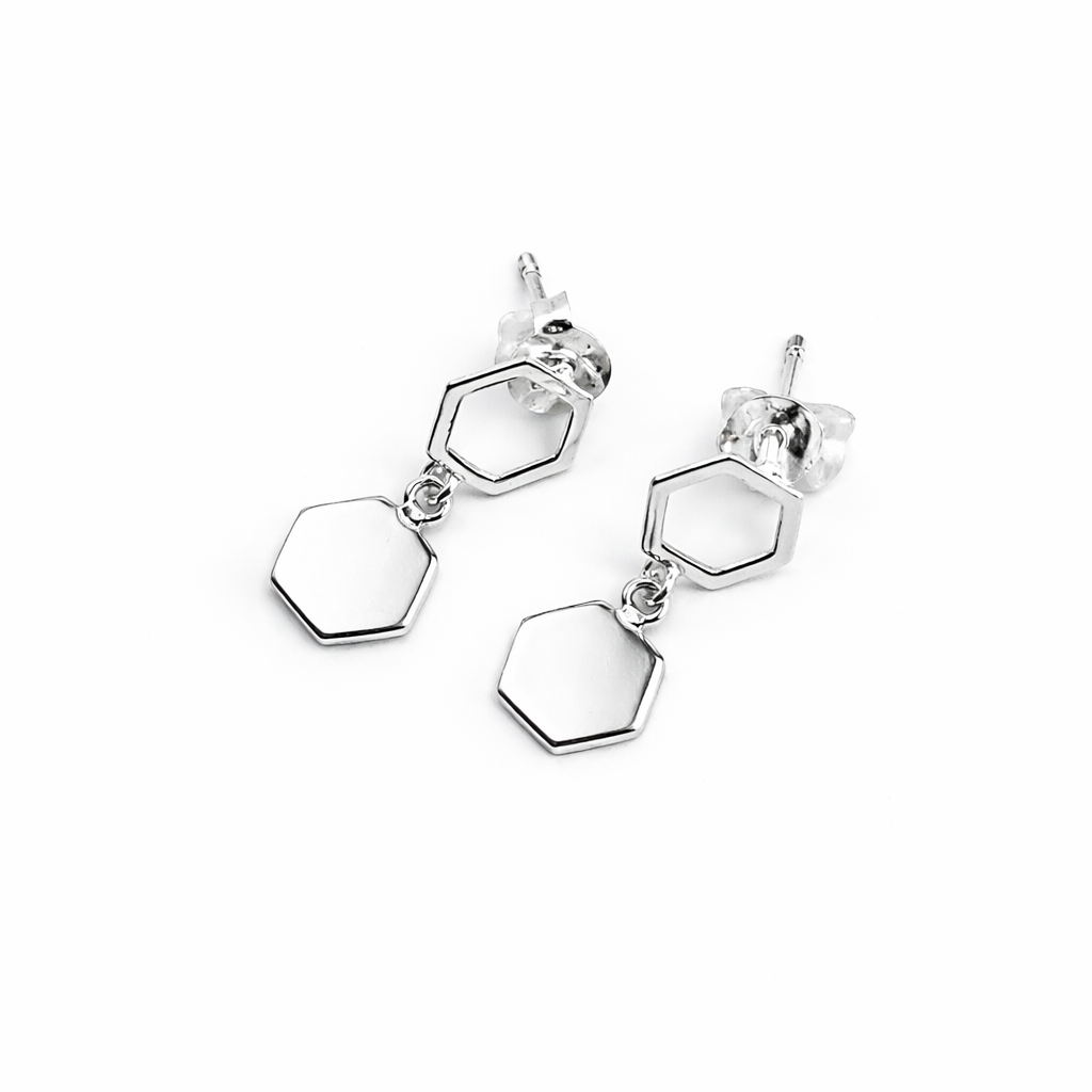 Open Hexagon & Disc Drop Stud Earrings – Sterling Silver #54460
