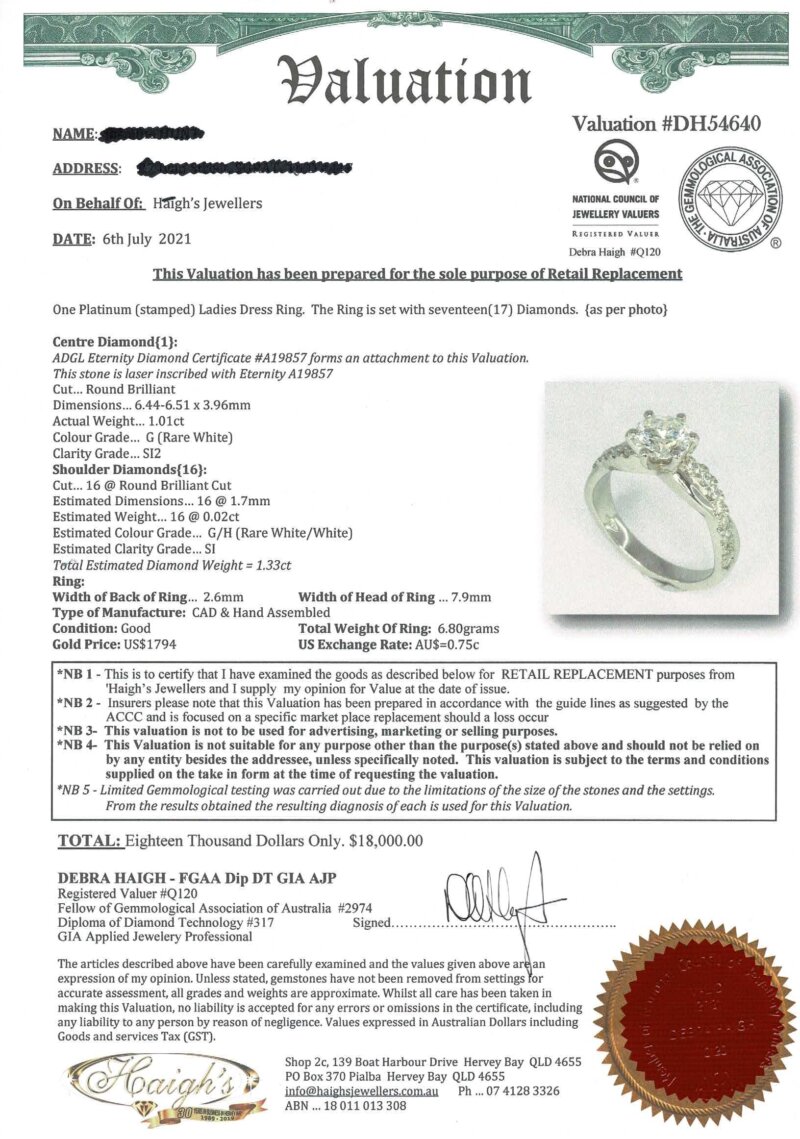 Platinum 1.01ct(+.32) Diamond Engagement Ring Size K 1/2 Val $18000 & ADGL Cert #59083