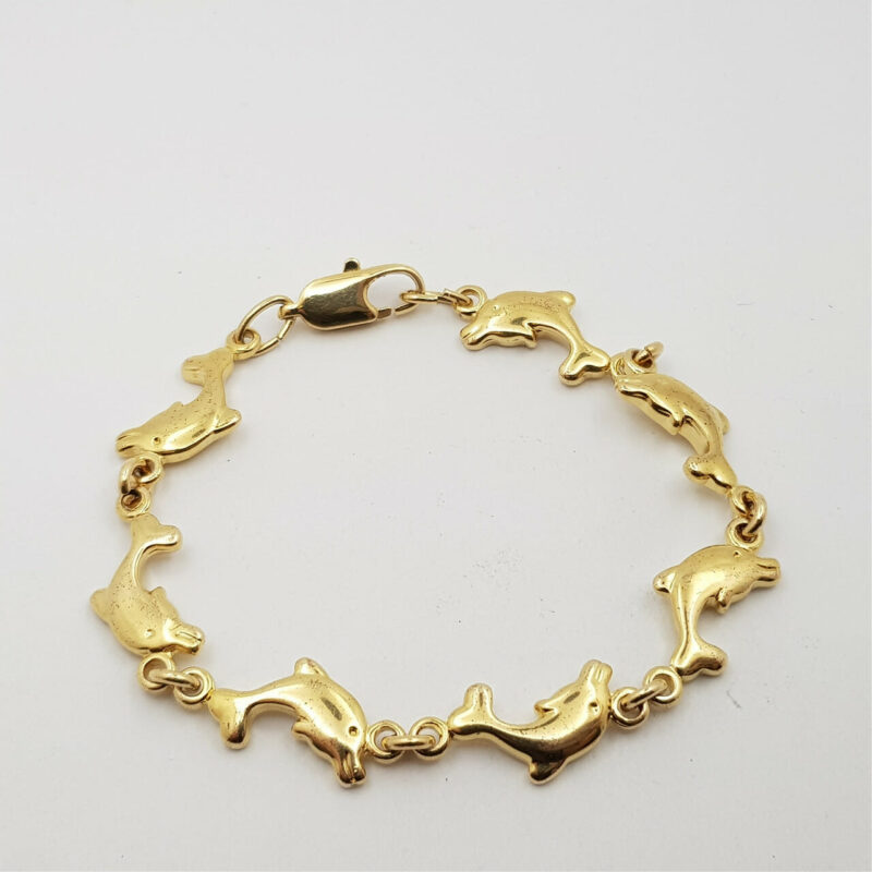 9CT 7.0GR YELLOW GOLD DOLPHINS BRACELET 14CM LONG #51043