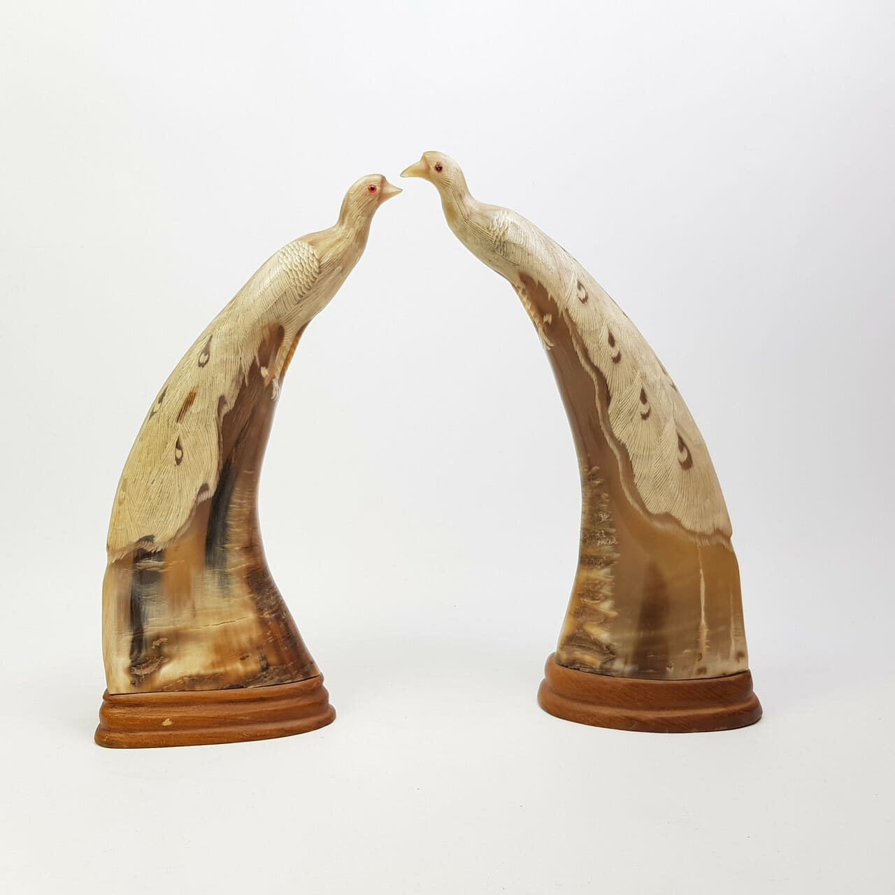 PAIR OF CARVED HORN PEACOCKS #42837