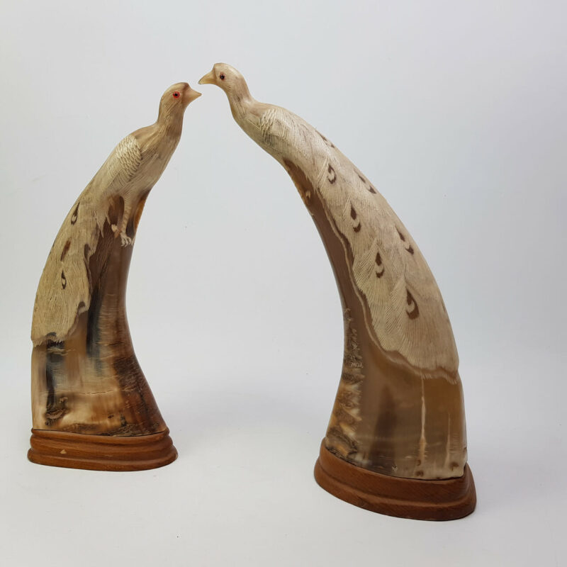 PAIR OF CARVED HORN PEACOCKS #42837