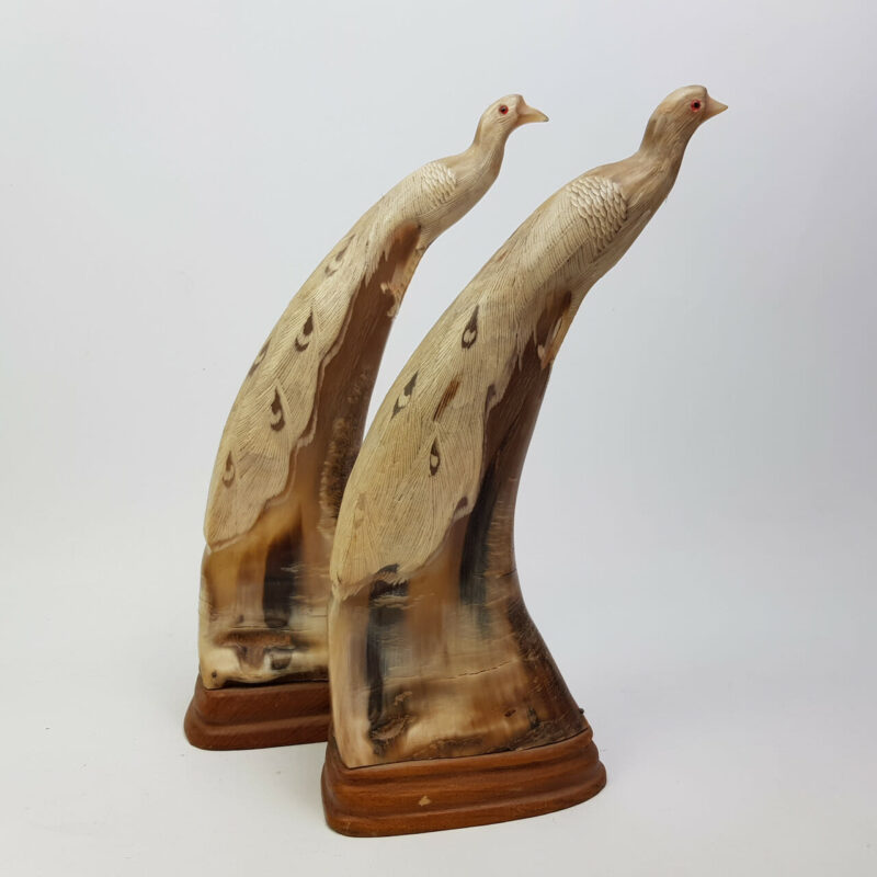 PAIR OF CARVED HORN PEACOCKS #42837