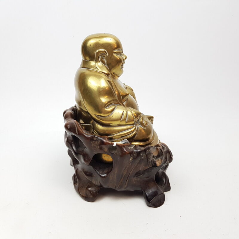Brass Happy Buddha Figurine on Carved Wooden Stand #48034