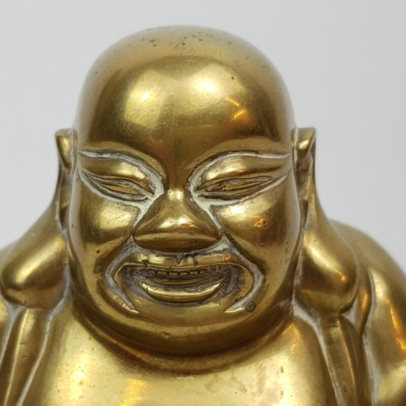 Brass Happy Buddha Figurine on Carved Wooden Stand #48034