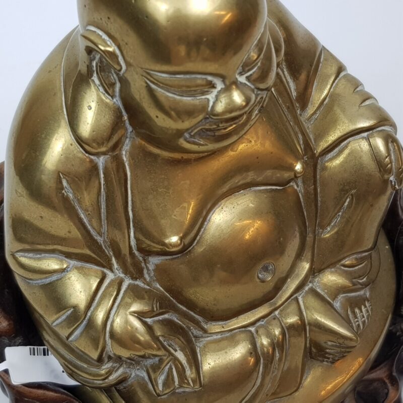 Brass Happy Buddha Figurine on Carved Wooden Stand #48034