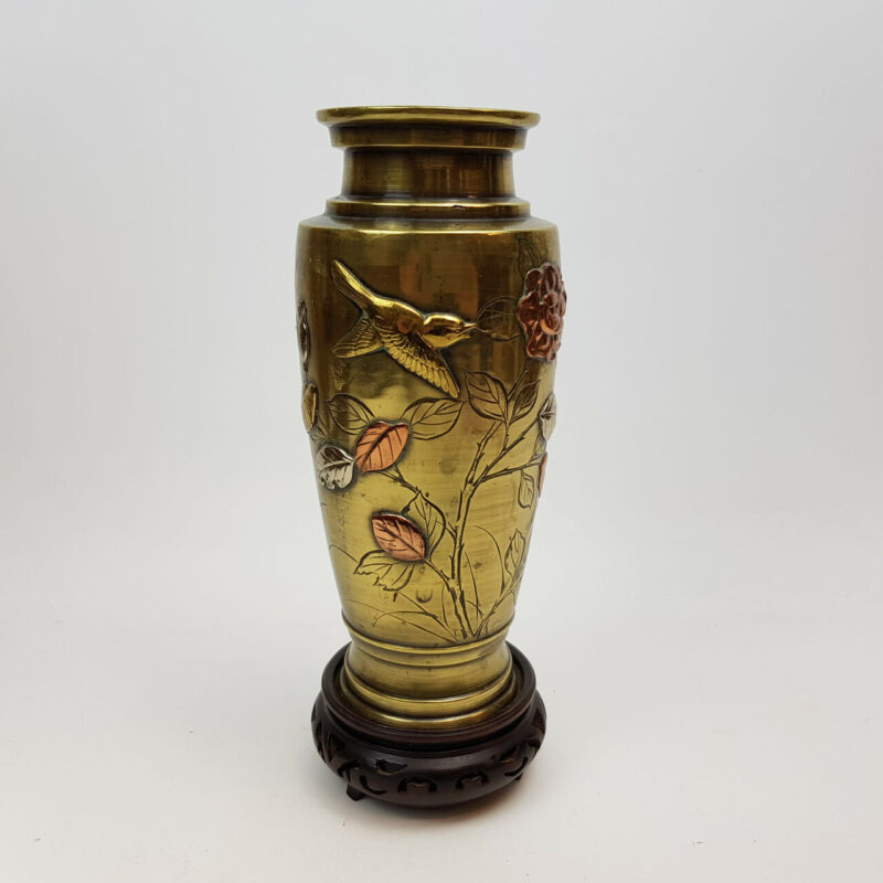 JAPANESE SILVER & COPPER INLAID BRASS FLOWER VASE #47135