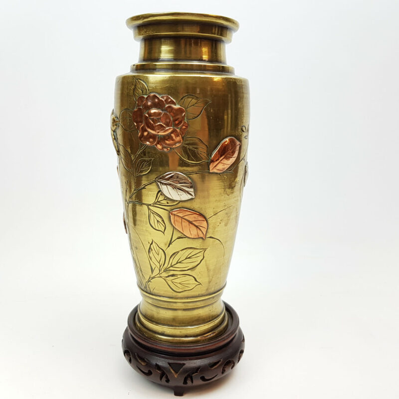 JAPANESE SILVER & COPPER INLAID BRASS FLOWER VASE #47135