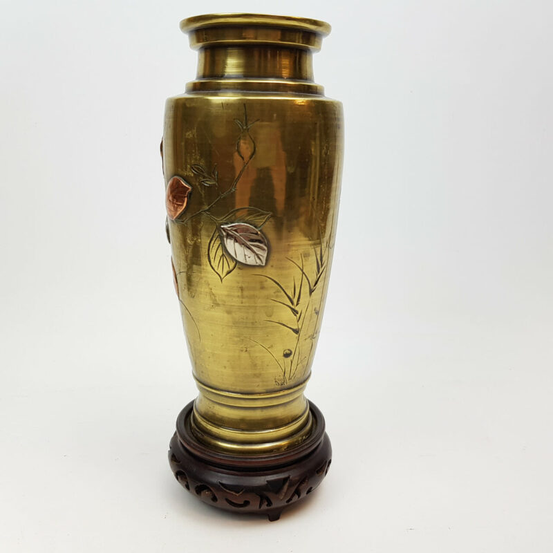 JAPANESE SILVER & COPPER INLAID BRASS FLOWER VASE #47135