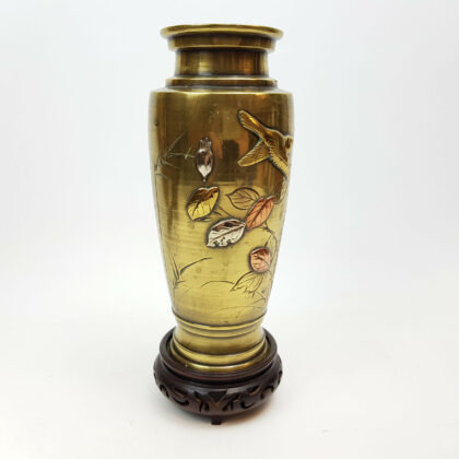 JAPANESE SILVER & COPPER INLAID BRASS FLOWER VASE #47135