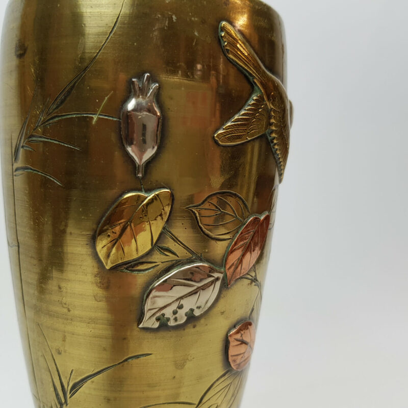 JAPANESE SILVER & COPPER INLAID BRASS FLOWER VASE #47135