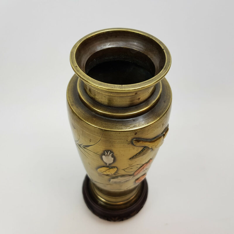 JAPANESE SILVER & COPPER INLAID BRASS FLOWER VASE #47135