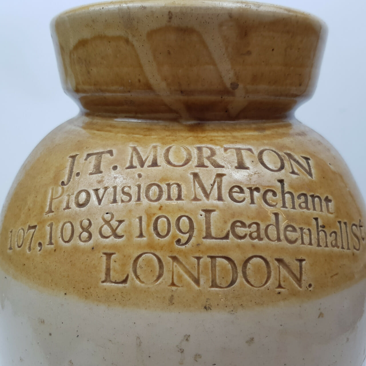 ANTIQUE J.T.MORTON C1849 STONEWARE CERAMIC JAR PROVISION MERCANT LONDON #50331