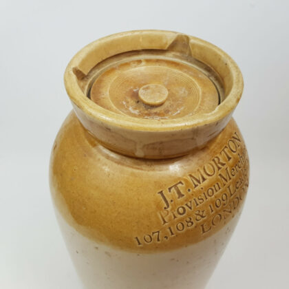 ANTIQUE J.T.MORTON C1849 STONEWARE CERAMIC JAR PROVISION MERCANT LONDON #50331