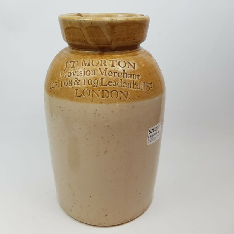 ANTIQUE J.T.MORTON C1849 STONEWARE CERAMIC JAR PROVISION MERCANT LONDON #50331