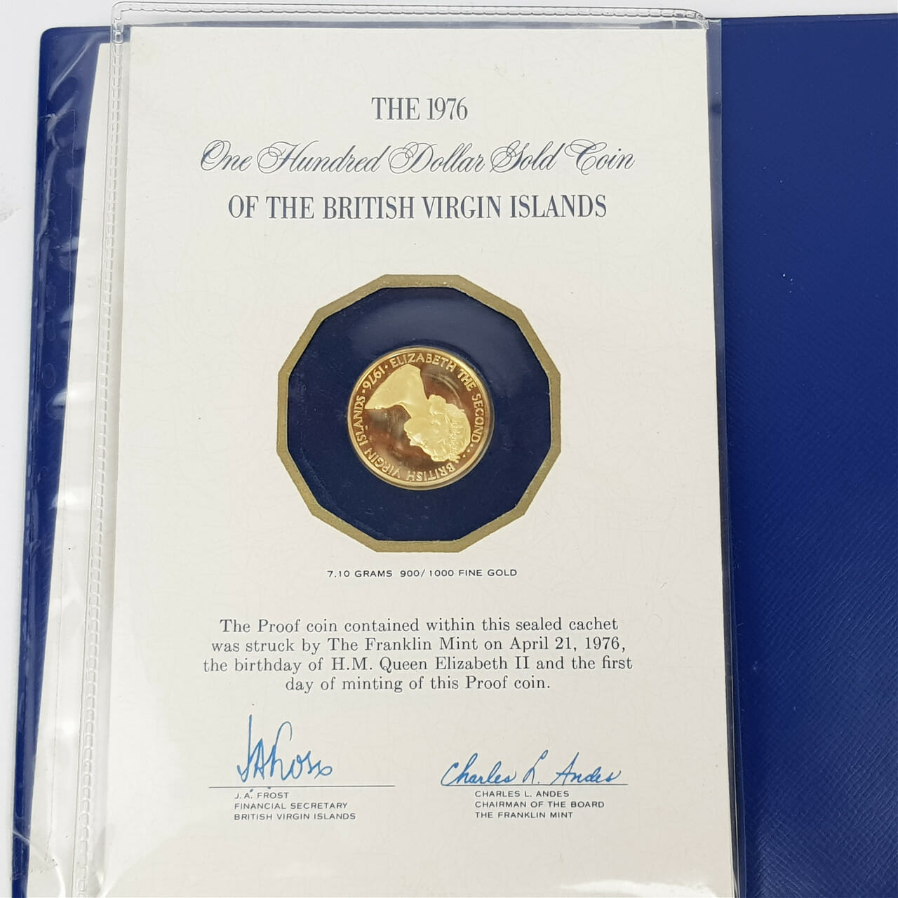 1976 $100 7.1GR GOLD COIN BRITISH VIRGIN ISLANDS 50TH ANNIVERSARY #9412-1
