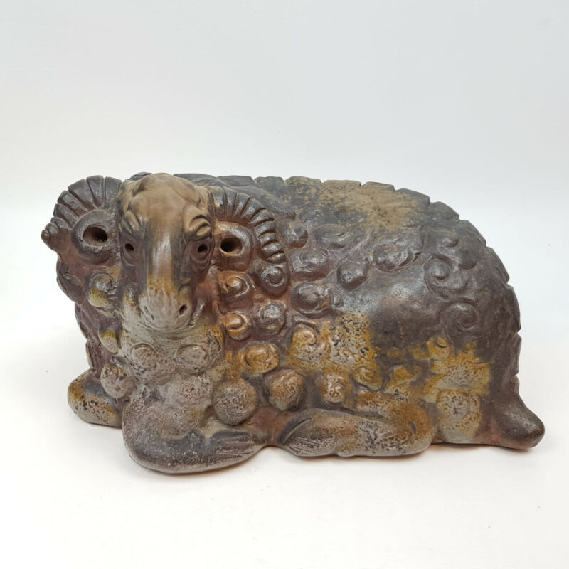 JAPANESE GLAZED RAM STATUE / FIGURINE - SIGNED #46150