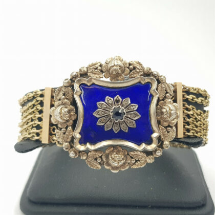 ART NOUVEAU ANTIQUE SAPPHIRE BRACELET - 14CT GOLD CHAIN SILVER CENTRE PIECE #9104-23