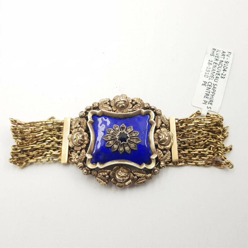 ART NOUVEAU ANTIQUE SAPPHIRE BRACELET - 14CT GOLD CHAIN & SILVER  #9104-23