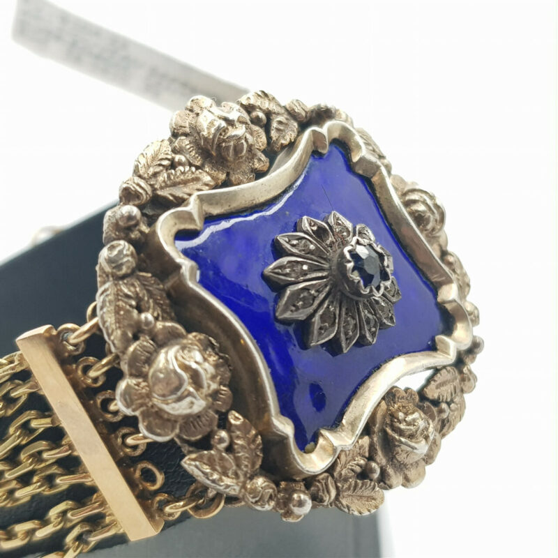 ART NOUVEAU ANTIQUE SAPPHIRE BRACELET - 14CT GOLD CHAIN SILVER CENTRE PIECE #9104-23