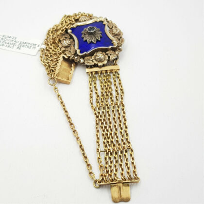 ART NOUVEAU ANTIQUE SAPPHIRE BRACELET - 14CT GOLD CHAIN & SILVER  #9104-23