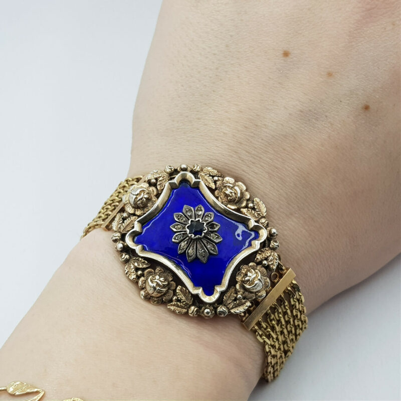 ART NOUVEAU ANTIQUE SAPPHIRE BRACELET - 14CT GOLD CHAIN SILVER CENTRE PIECE #9104-23