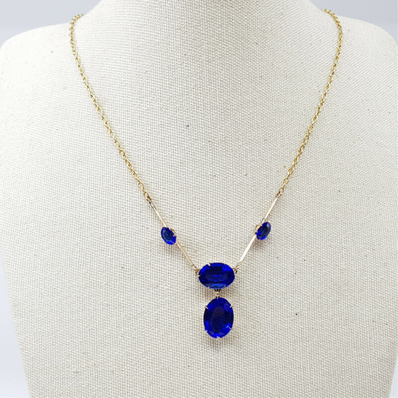 9ct Yellow Gold Antique Cobalt Glass Cable Link Necklace 41cm #8328