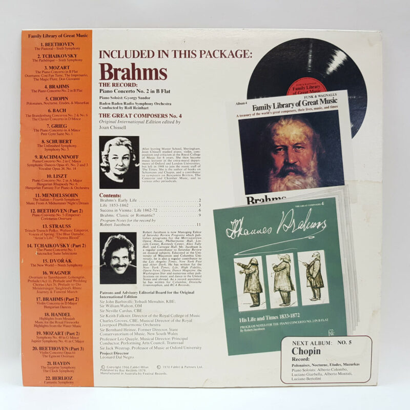 FAMILY LIBRARY OF GREAT M RECORDS 4X RECORDS (BEETHOVEN TCHAIKOVSKY MOZART BRAHMS)  #53679