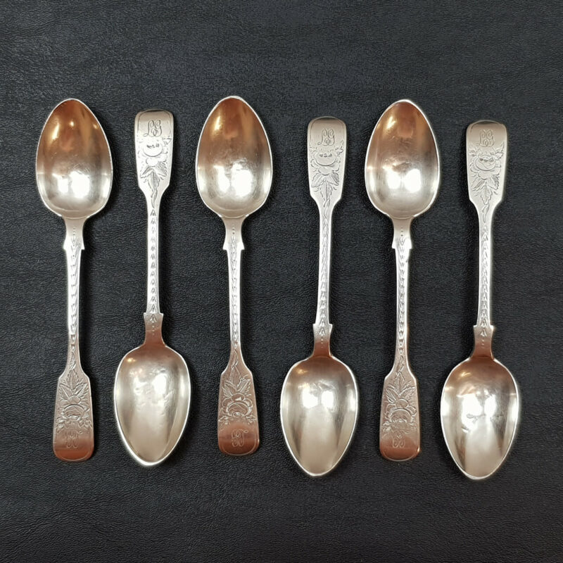 HENRY HOLLAND TEA SPOON SET ANTIQUE STERLING SILVER (LONDON 1874) SET OF 6 FLORAL ENGRAVING 123GR #53351