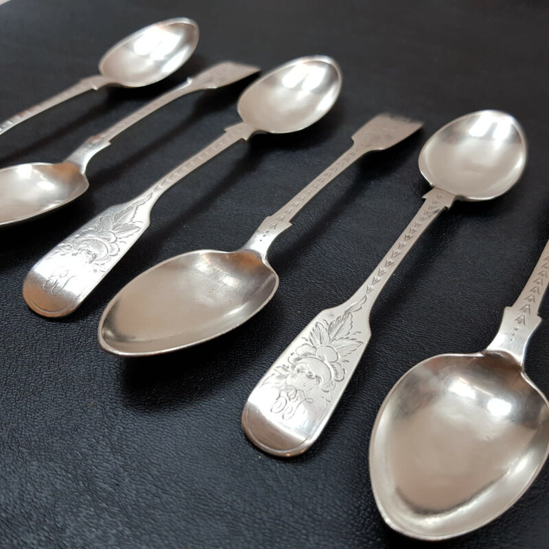 HENRY HOLLAND TEA SPOON SET ANTIQUE STERLING SILVER (LONDON 1874) SET OF 6 FLORAL ENGRAVING 123GR #53351