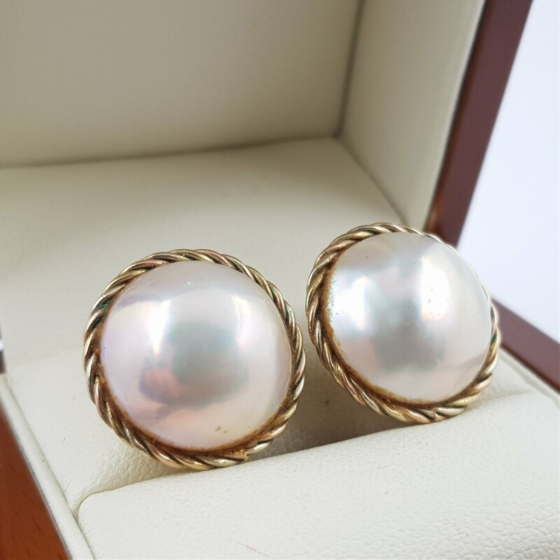 9ct Yellow Gold Mabe Pearl Clip Earrings + Val $1400 #38814