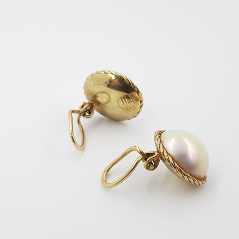 9ct Yellow Gold Mabe Pearl Clip Earrings + Val $1400 #38814