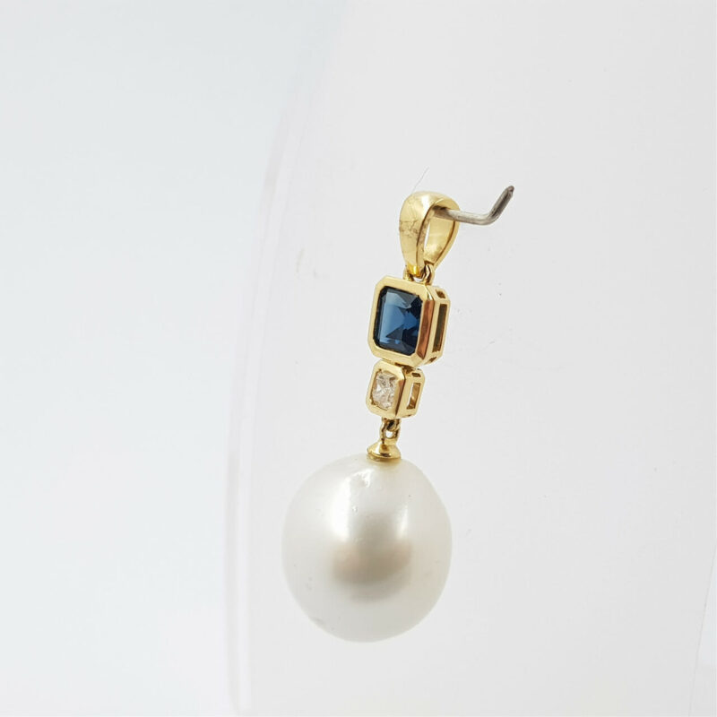 *NEW* 18CT YELLOW GOLD SAPPHIRE DIAMOND & PEARL PENDANT VAL $3650 #51784