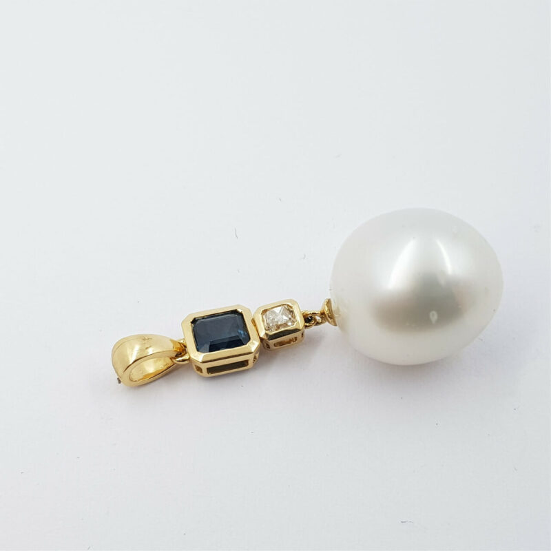 *NEW* 18CT YELLOW GOLD SAPPHIRE DIAMOND & PEARL PENDANT VAL $3650 #51784