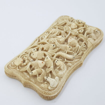 ANTIQUE CARVED CARD HOLDER W. ORNATE WATER LIFE SCENE #100162