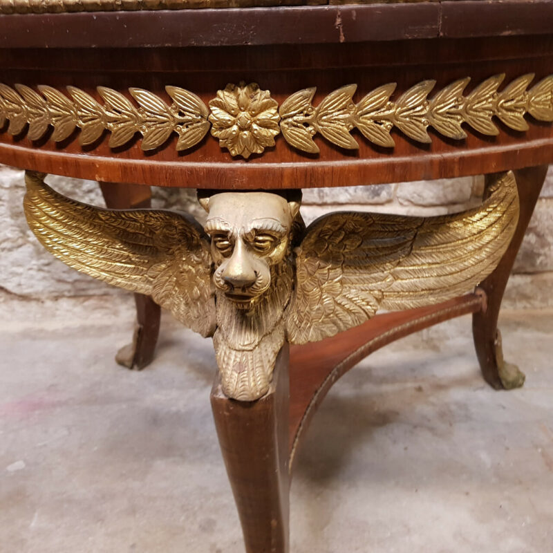 Antique French Empire Marble Top Table with Three Winged Lion Legs & Paw Feet #40801