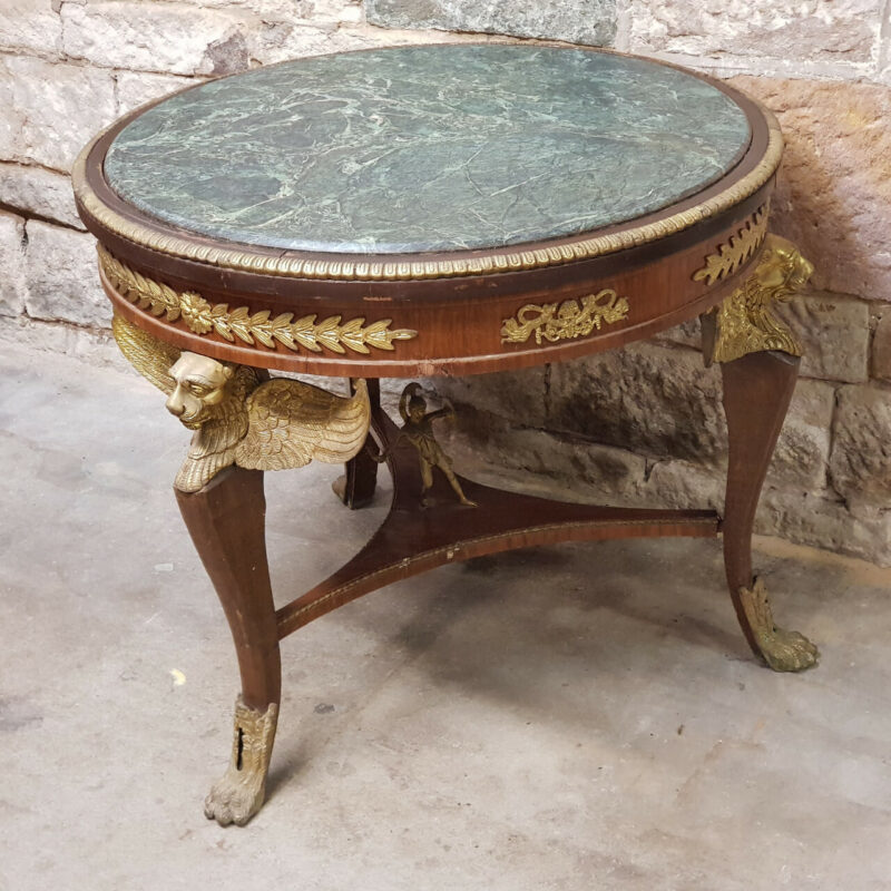 Antique French Empire Marble Top Table with Three Winged Lion Legs & Paw Feet #40801