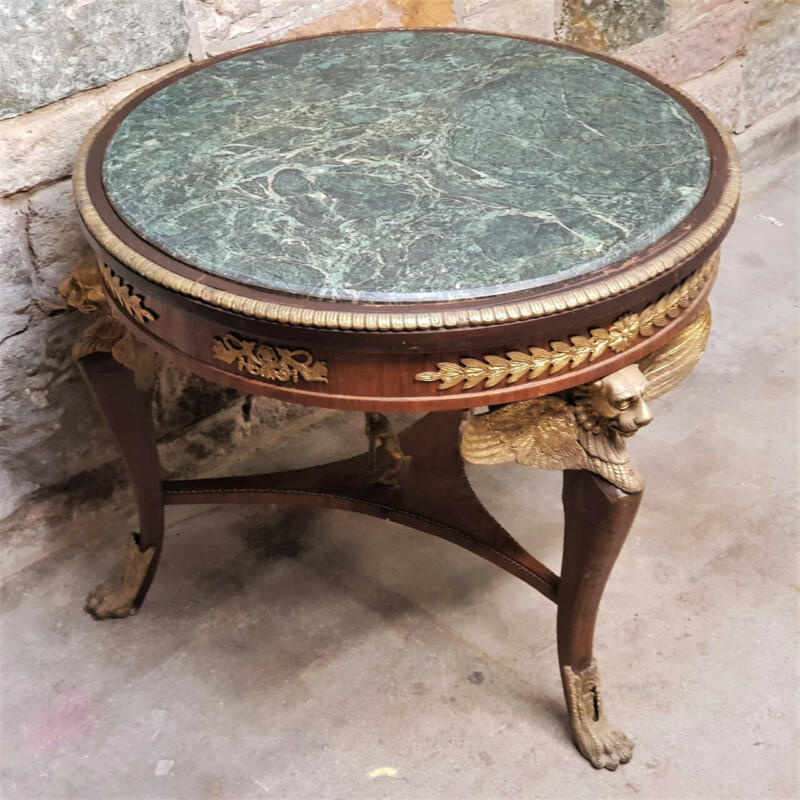 Antique French Empire Marble Top Table with Three Winged Lion Legs & Paw Feet #40801